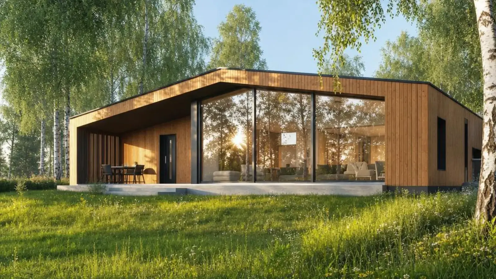 Ökologisches Fertighaus mit natürlicher Lärchenholz-Fassade und großer Glasfront inmitten grüner Wiese – Ökohaus für nachhaltiges Bauen und natürliches Wohnen