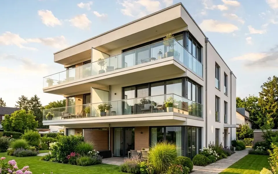 Fertighaus Mehrfamilienhaus: dreigeschossiger Neubau mit Glasbalkonen und heller Putzfassade – Wohnungen als Kapitalanlage 2026 Fertighaus Mehrfamilienhaus: dreigeschossiger Neubau mit Glasbalkonen und heller Putzfassade – Wohnungen als Kapitalanlage 2026
