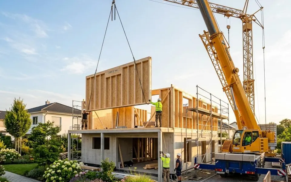 Fertighaus Montage: Autokran hebt vorgefertigtes Wandelement auf den Rohbau, Monteure führen es ein – Bauzeit von wenigen Tagen 2026 Fertighaus Montage: Autokran hebt vorgefertigtes Wandelement auf den Rohbau, Monteure führen es ein – Bauzeit von wenigen Tagen 2026