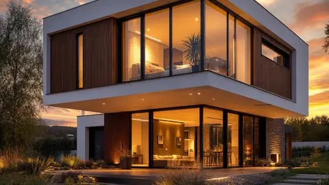 Architektenhaus als Fertighaus: Hausbau-Beispiel am Abend Ultramodernes Architektenhaus als Fertighaus mit Glasfront und Holzfassade in Abendstimmung – Beispiel für individuellen Hausbau