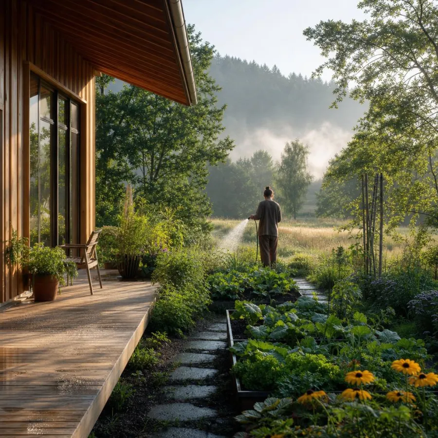 Natürlich wohnen: nachhaltiges Bauen mit Garten und Natur Natürlich wohnen und nachhaltig bauen: Holzterrasse eines Ökohauses geht in üppigen Naturgarten mit Gemüsebeeten und Wiese über – naturverbundenes, gesundes Wohnen
