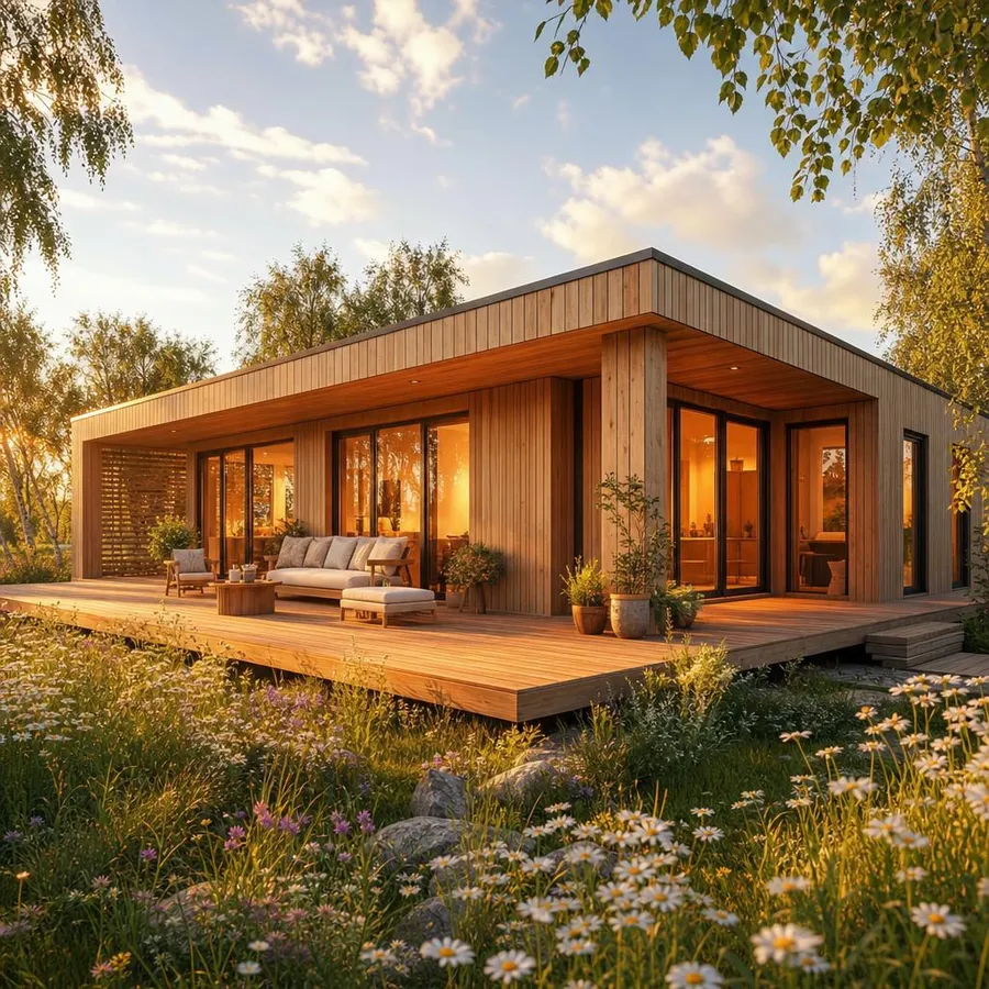Ökohaus: ökologisches Fertighaus mit Holzfassade und Naturgarten Ökohaus als nachhaltiges Fertighaus: ökologische Holzfassade, große dreifach verglaste Fenster, Regenwassernutzung und naturnaher Garten – ökologisch bauen mit schadstoffarmen Baustoffen
